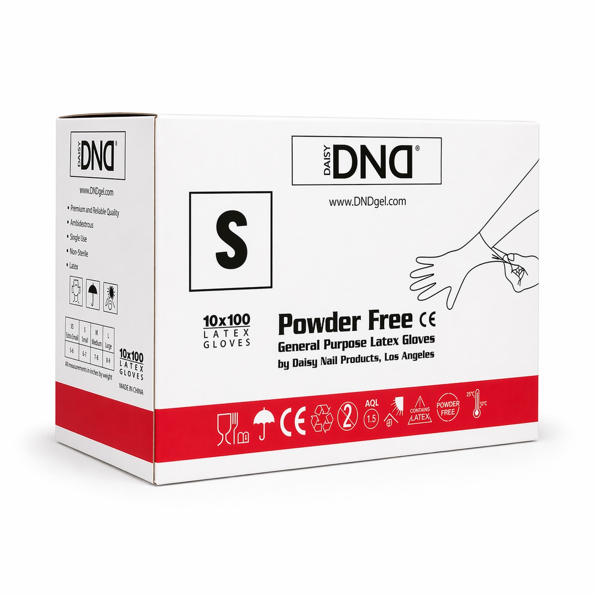 DND DND Powder-Free Latex Gloves — 10-Box Case, Small (S), Case of 10 boxes (1,000 gloves)